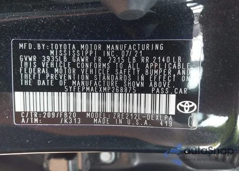 2021 Toyota Corolla Le из США, поврежденный, VIN 5YFEPMAEXMP268875